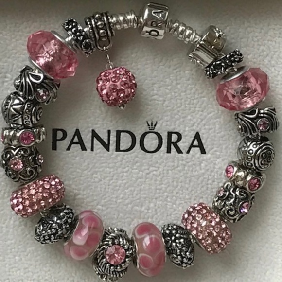 Pandora Jewelry - Authentic PANDORA S925 Silver Bracelet with Pink Murano Glass+Crystal Beads 7.9"